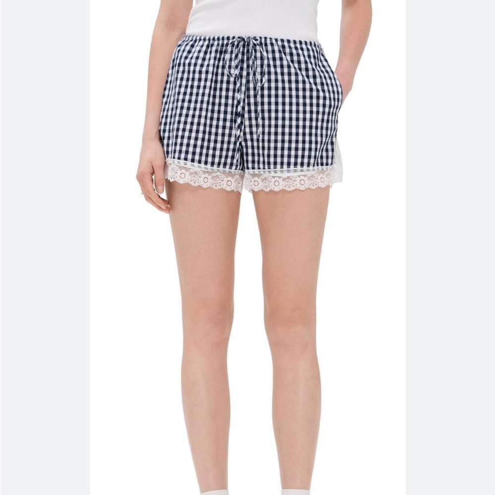 NIA "Bud" Navy Gingham Shorts with Lace Trim